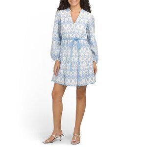 ADRIANNA PAPELL Blue/ivory Long Sleeve Eyelet Mini Dress